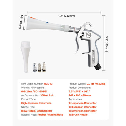 VEVOR Car Cleaning Gun 6-9.2 Bar High-Pressure Air Blow Gun 2 Nozzles Blast Dust