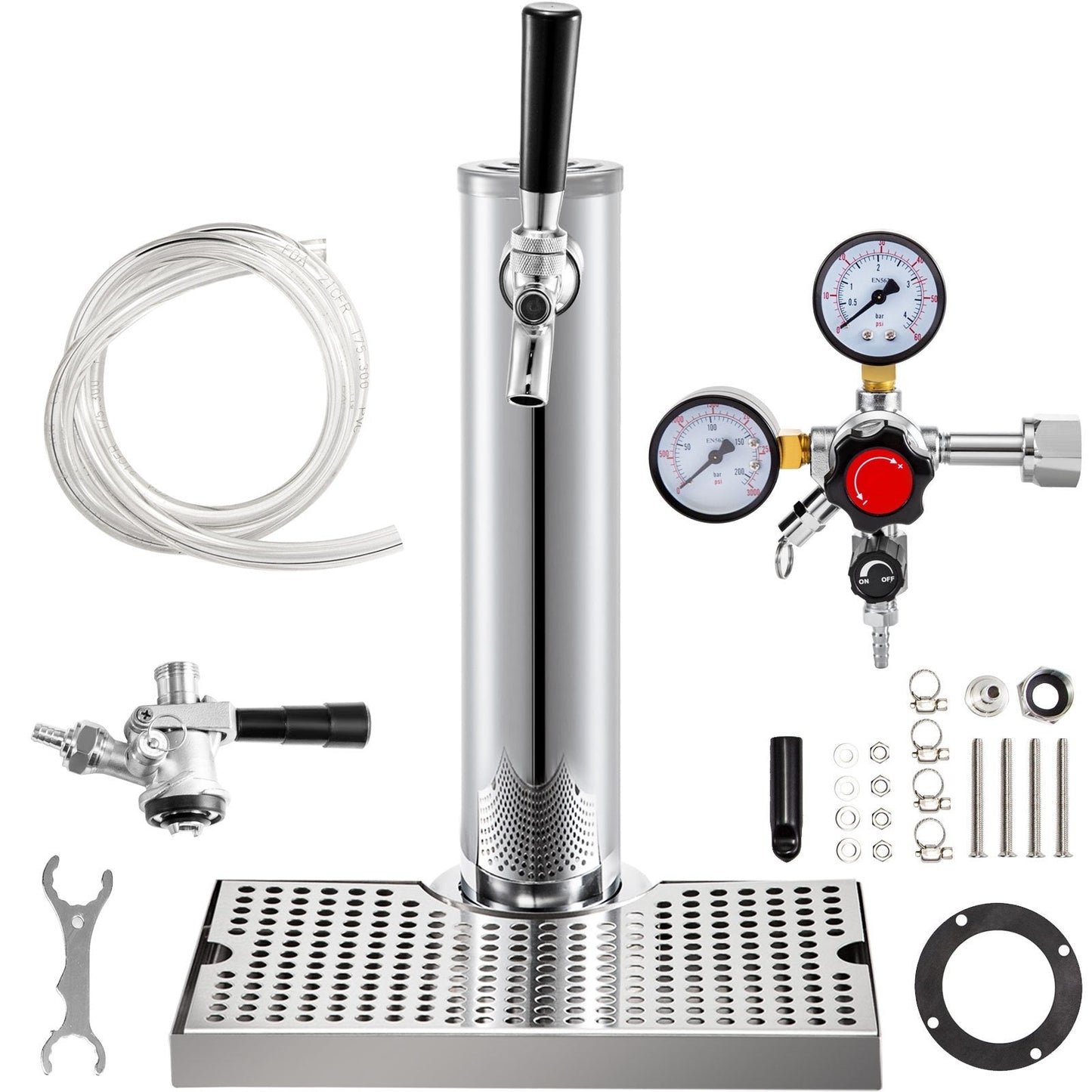 Single Tap Beer Kegerator Kit with Stainless Steel Tower & Dual Gauge Regulator