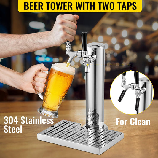 Double Tap Beer Tower Kit with Dual Gauge Regulator & Keg Coupler, No Tank Needed