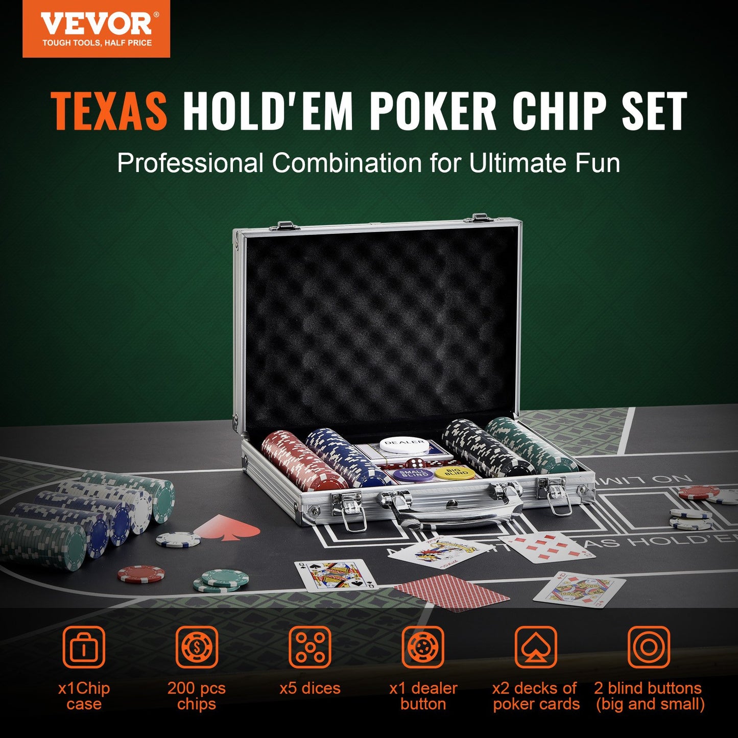 VEVOR Poker Chip Set, 200-Piece Poker Set, Complete Poker Playing Game Set with