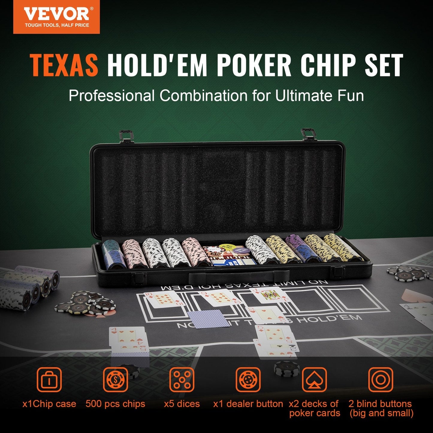 500-Piece Casino Poker Set with Clay Chips, Cards, Dice & Carrying Case