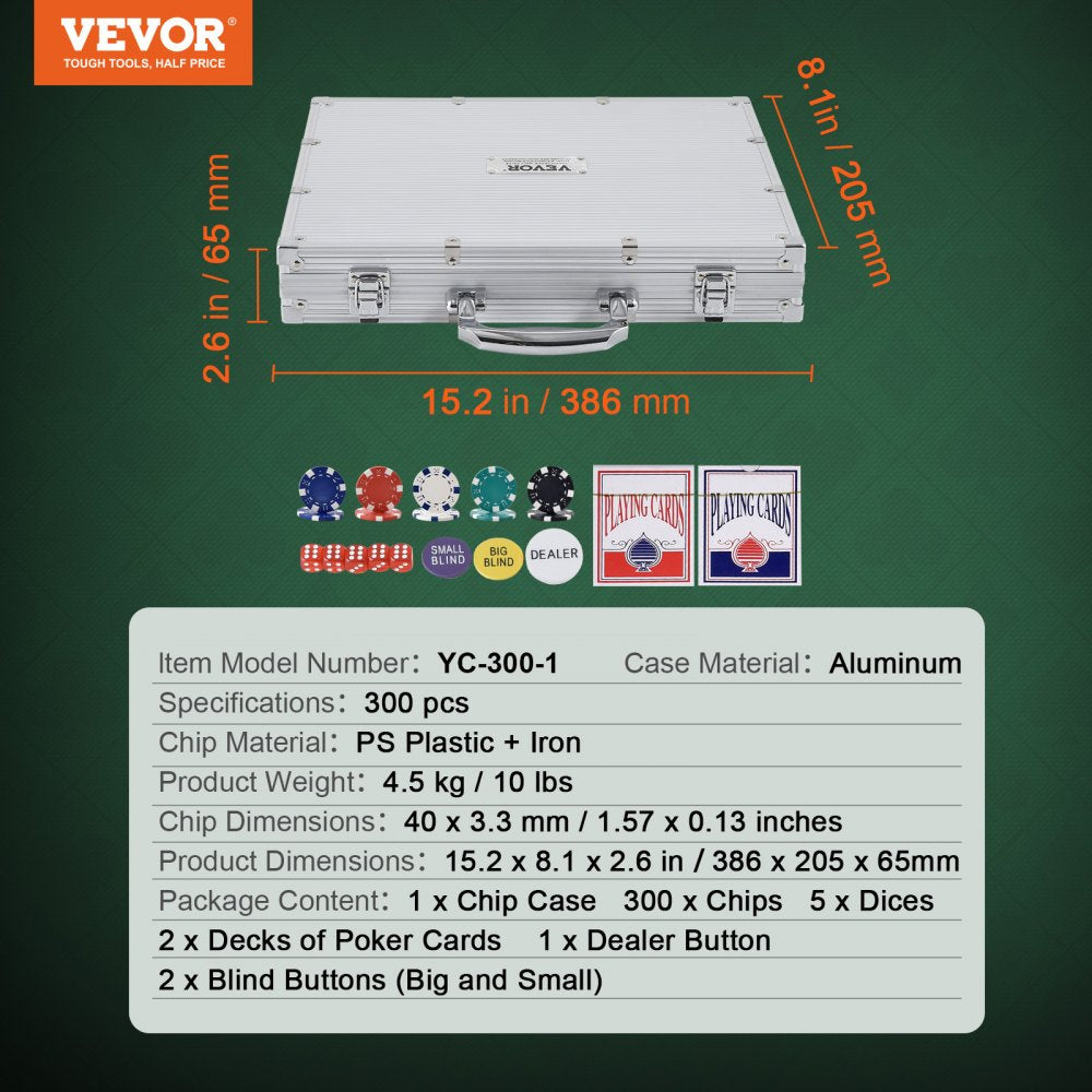 Poker Chip Set, 300-Piece Poker Set, Complete Poker Playing Game Set with Aluminum Carrying Case, 11.5 Gram Casino Chips