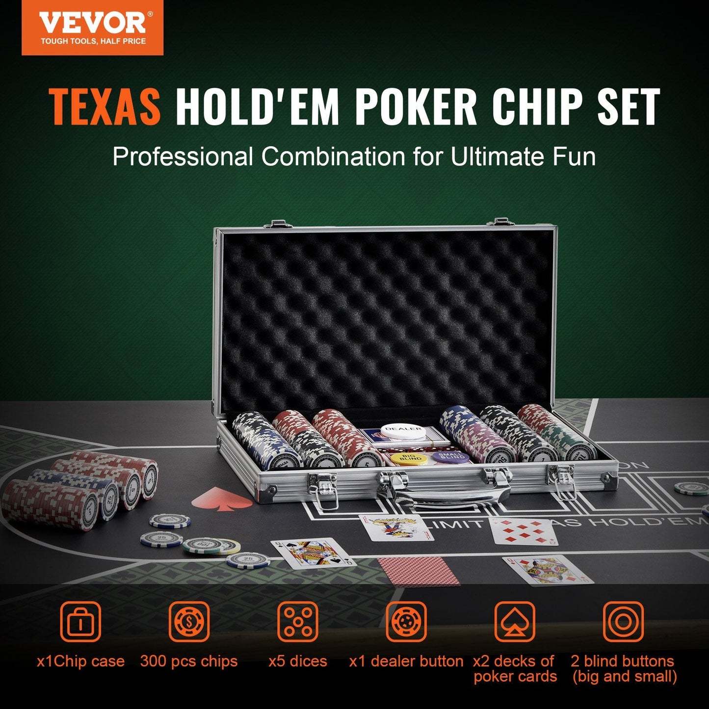 300-Piece Poker Set with Aluminum Case, Cards, and Dice for Casino Games