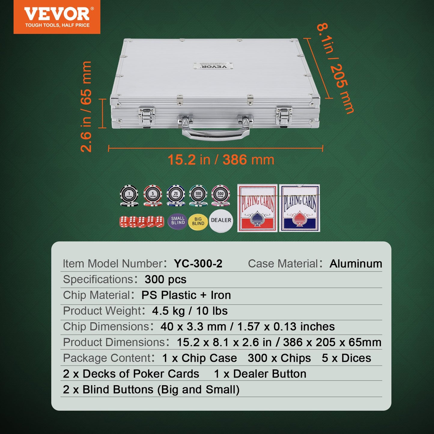VEVOR Poker Chip Set, 300-Piece Poker Set, Complete Poker Playing Game Set with