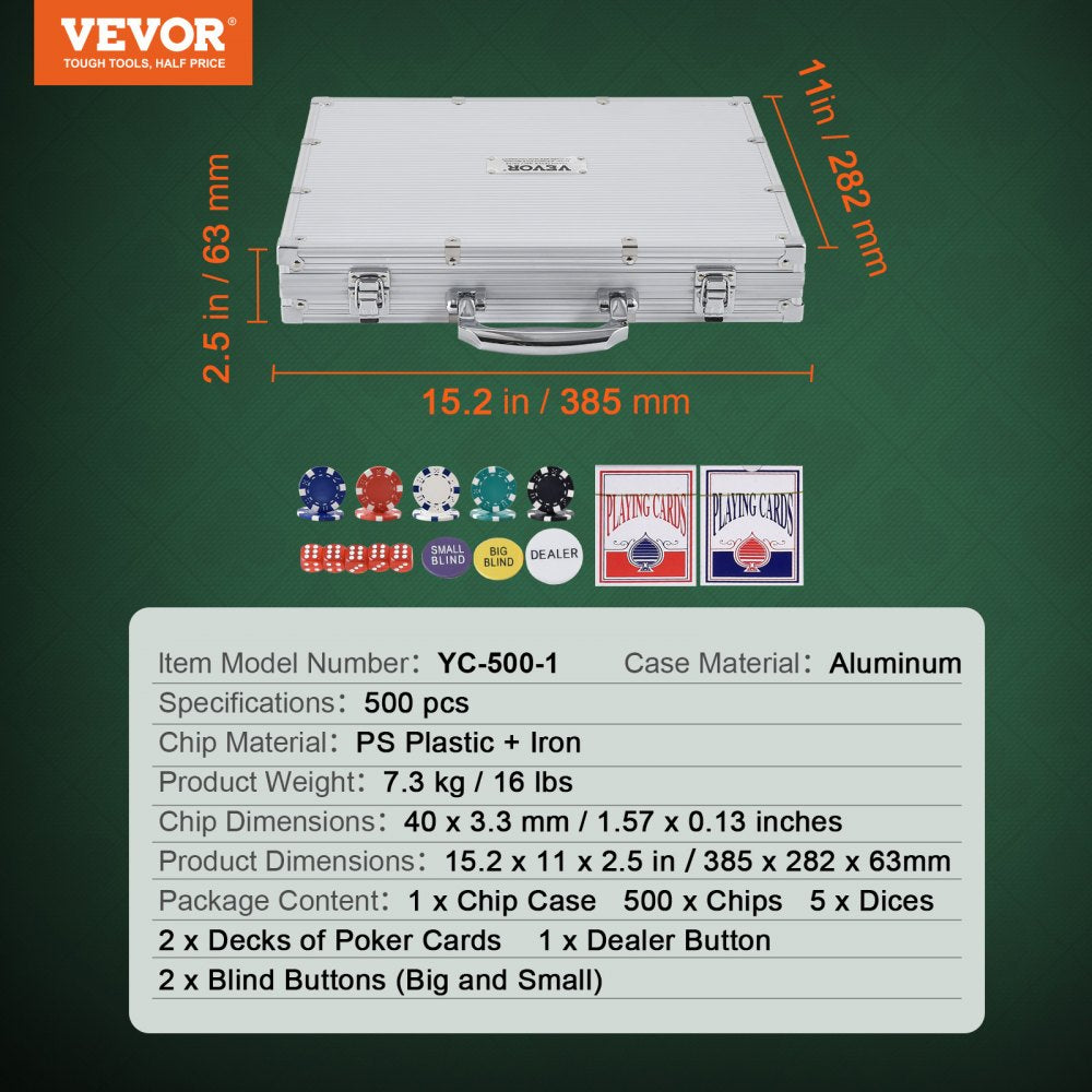 Poker Chip Set, 500-Piece Poker Set, Complete Poker Playing Game Set with Aluminum Carrying Case, 11.5 Gram Casino Chips