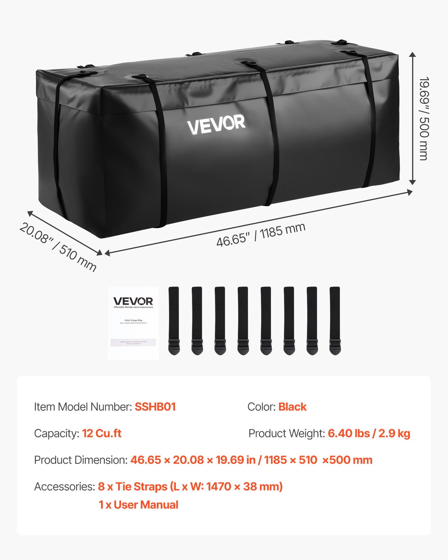 Hitch Cargo Carrier Bag, Waterproof 840D PVC, 118.5 x 51 x 50 cm (12 Cubic Feet), Heavy Duty Cargo Bag for Truck Bed Storage with Reinforced Straps, Suitable for Car SUV Vans Hitch Basket