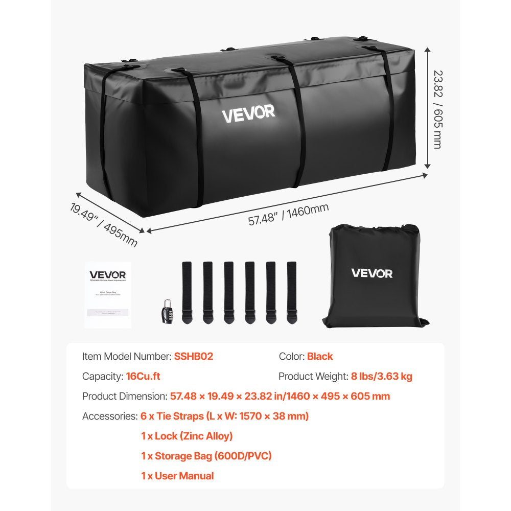 VEVOR Hitch Cargo Carrier Bag 146 x 49.5 x 60.5 cm (16 Cubic Feet) Waterproof