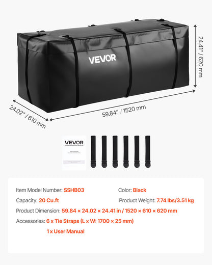 Hitch Cargo Carrier Bag, Waterproof 840D PVC, 152 x 61 x 62 cm (20 Cubic Feet), Heavy Duty Cargo Bag for Truck Bed Storage with 6 Reinforced Straps, Suitable for Car SUV Vans Hitch Basket