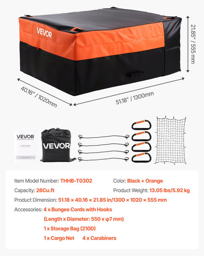 Truck Bed Cargo Bag, Waterproof 840D PVC, 130 x 102 x 55.5 cm (26 Cu. ft), Heavy Duty Cargo Bag for Truck Bed with Bungee Cords, Net and Carabiners, Fits a Variety of SUV & Pickup Trucks