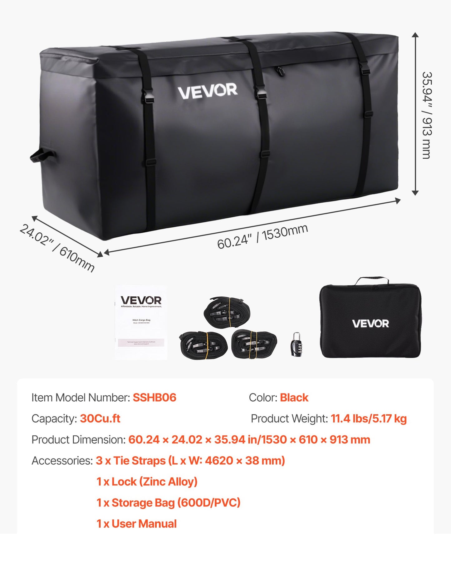 Hitch Cargo Carrier Bag, Waterproof 840D PVC, 153 x 61 x 91.3 cm (30 Cubic Feet), Heavy Duty Cargo Bag for Truck Bed Storage with Reinforced Straps, Suitable for Car SUV Vans Hitch Basket