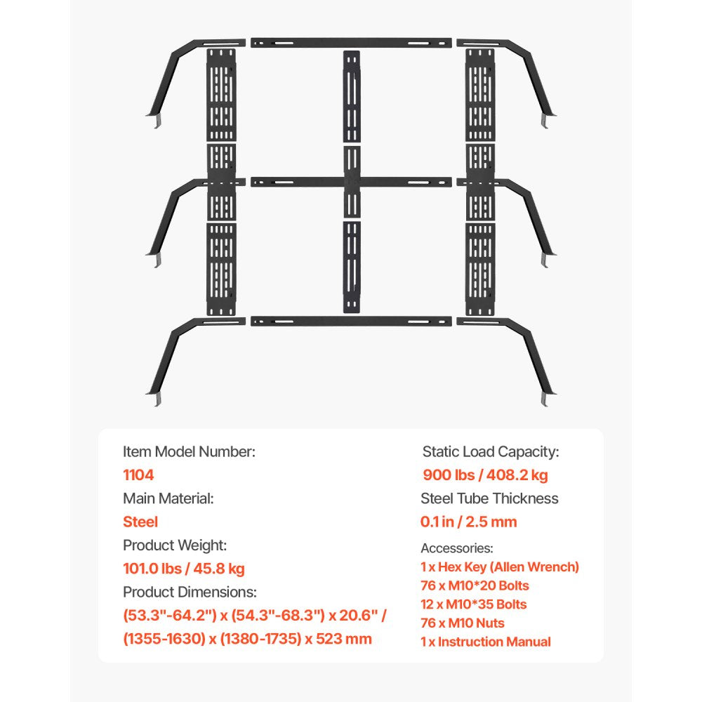 VEVOR Overland Truck Bed Rack 408.2 kg Capacity Fit Full Size & Mid-Size Trucks