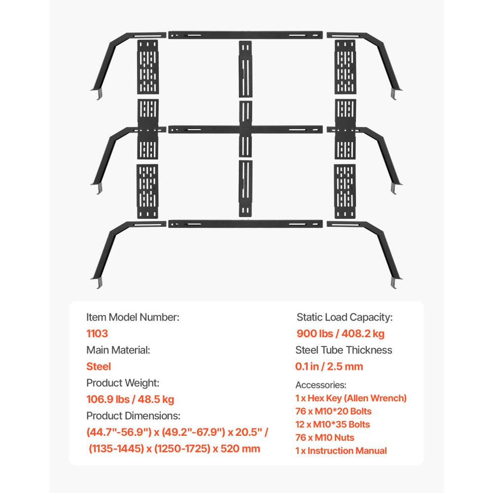 VEVOR Overland Truck Bed Rack 408.2 kg Static Capacity Fit Tacoma/Gladiator JT