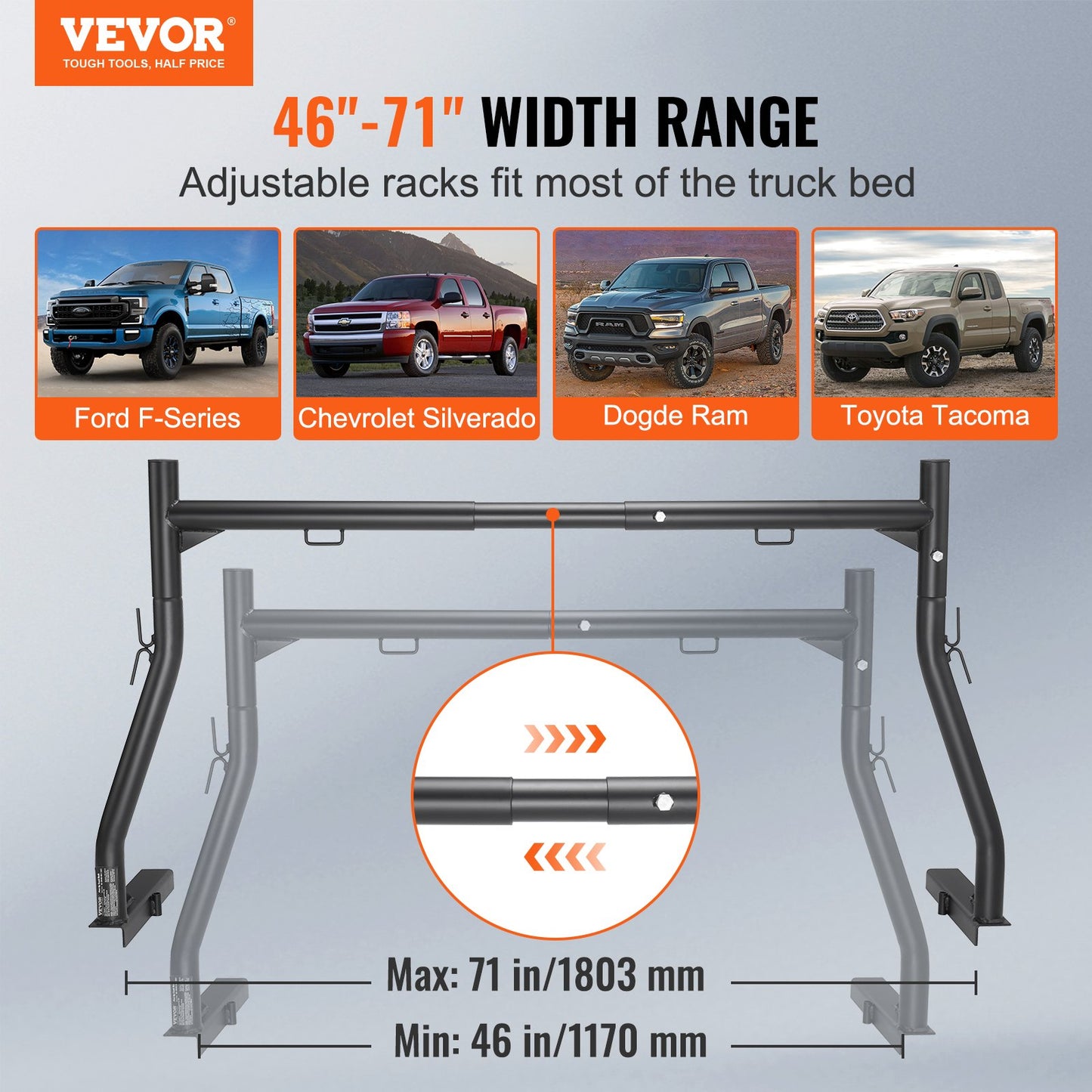 VEVOR Truck Rack, 46-71inch Extendable Truck Ladder Rack, 363lbs Capacity Steel