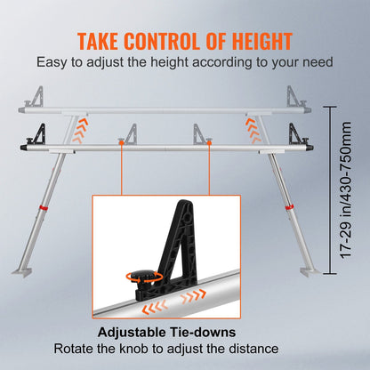 Adjustable Aluminum Truck Rack, 363 kg Capacity, 0.5-0.9m Height, No Drilling Needed