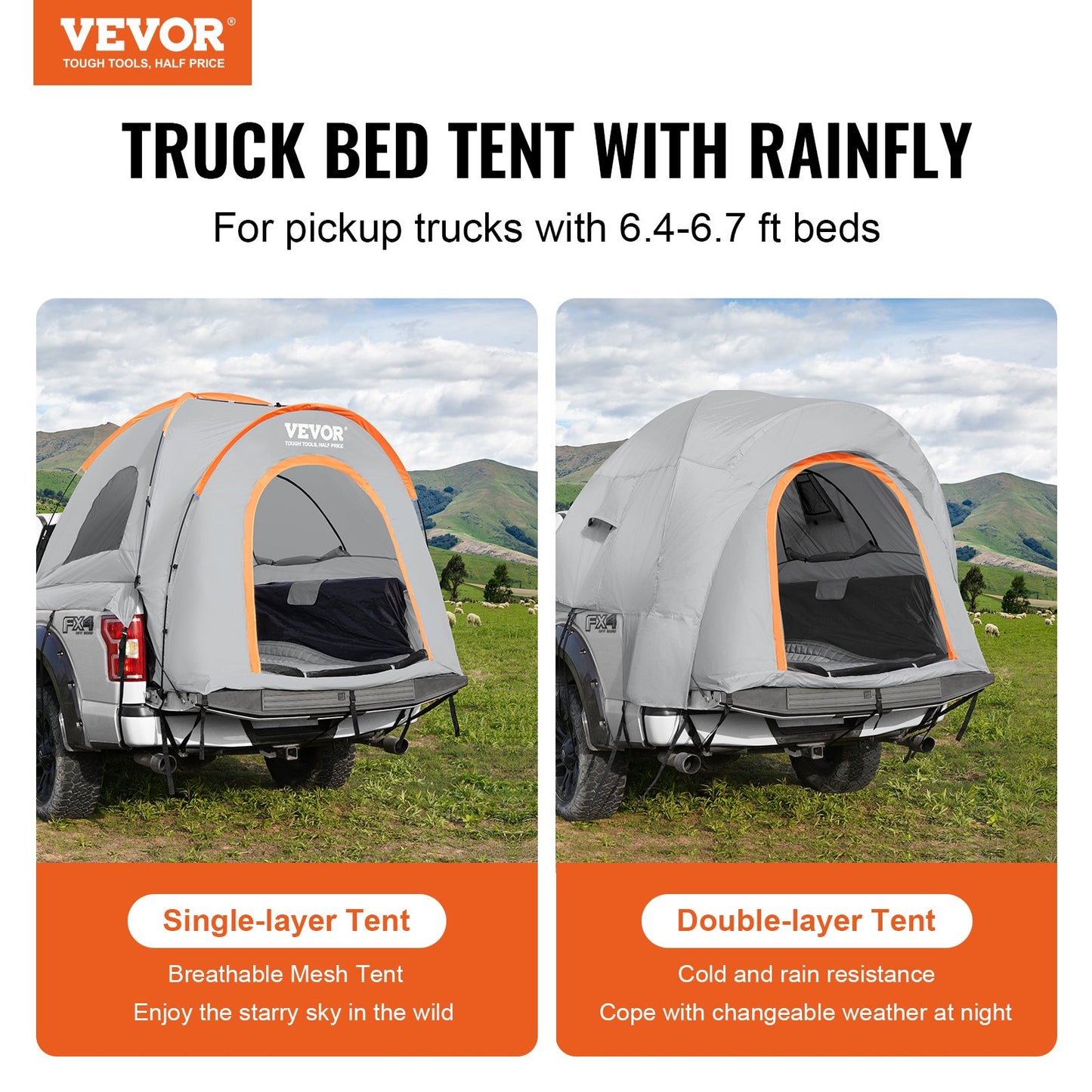 VEVOR Truck Bed Tent, 6.4'-6.7' Pickup Truck Tent with Rain Layer and Carry Bag,