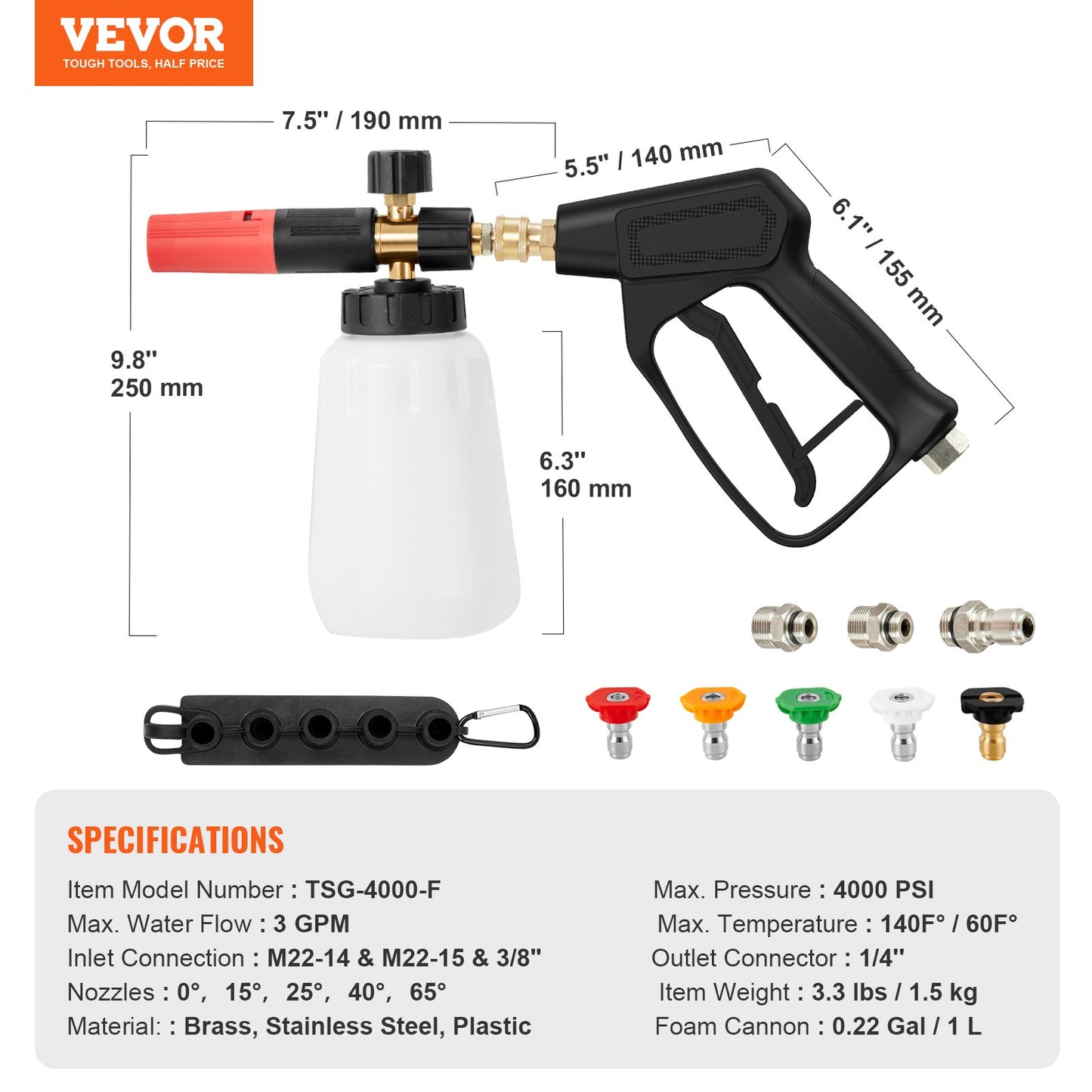 VEVOR Pressure Washer Gun Set, 0.22 Gal Foam Cannon, 4000 PSI Washer Spay Gun with