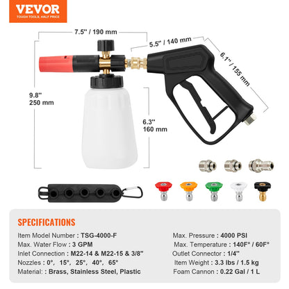 VEVOR Pressure Washer Gun Set, 0.22 Gal Foam Cannon, 4000 PSI Washer Spay Gun with