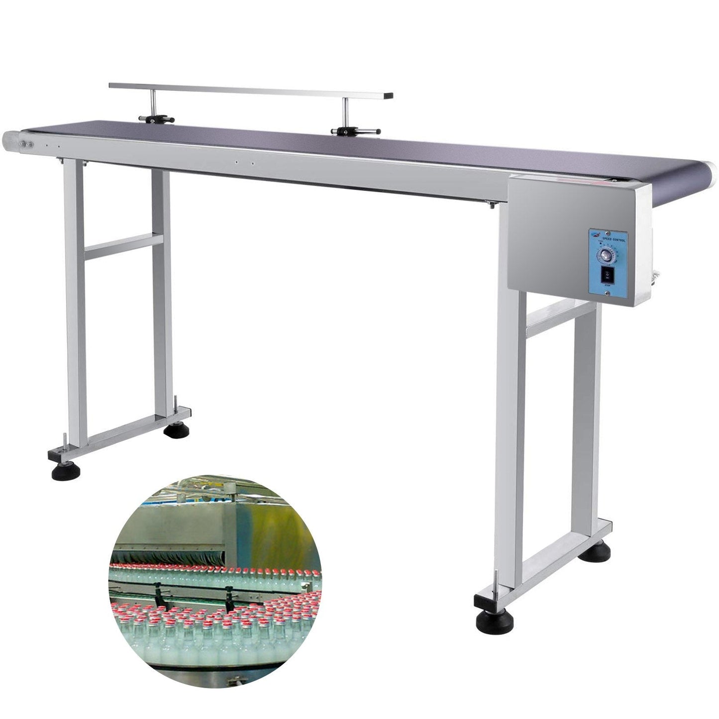 220V PVC Conveyor with Adjustable Guardrail, Stainless Steel, 1.5m x 0.2m