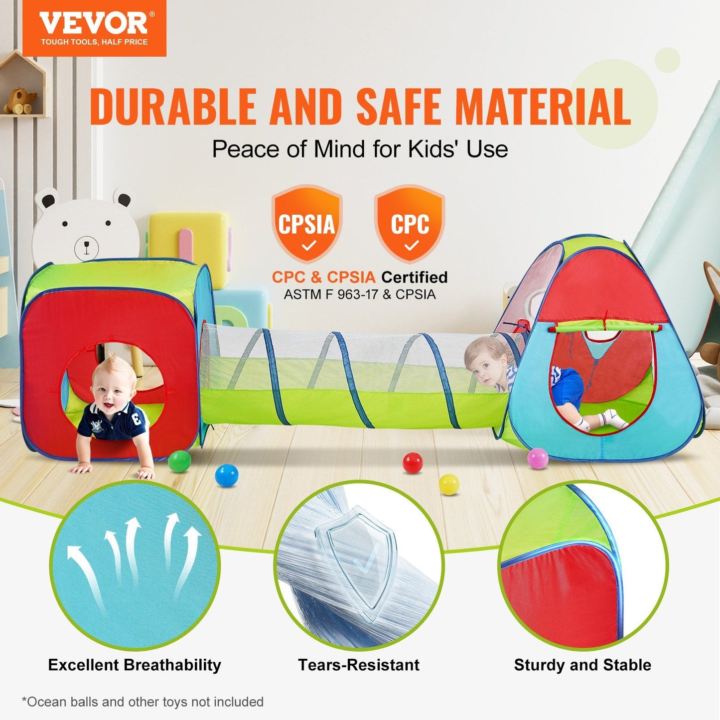 3-in-1 Kids Play Tent with Tunnel, Indoor/Outdoor, Ages 3+, Easy Setup