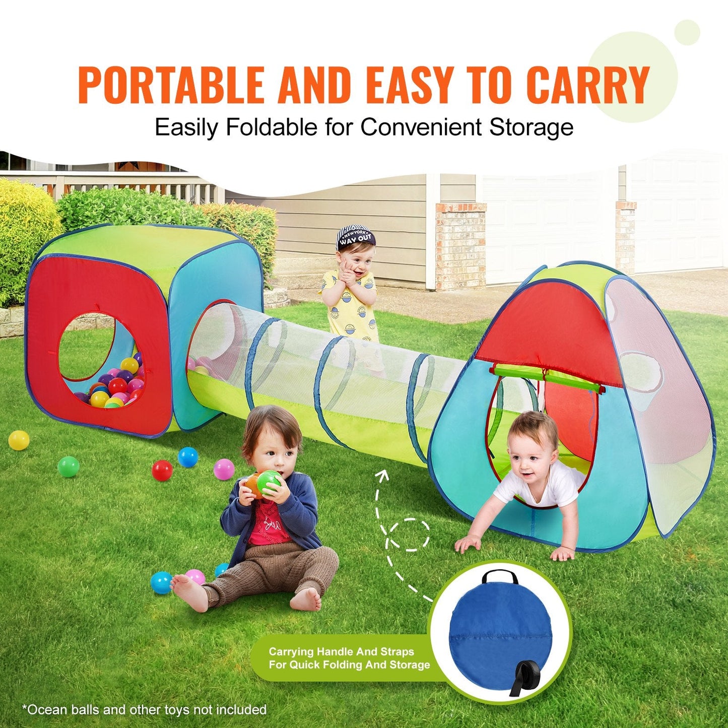 3-in-1 Kids Play Tent with Tunnel, Indoor/Outdoor, Ages 3+, Easy Setup