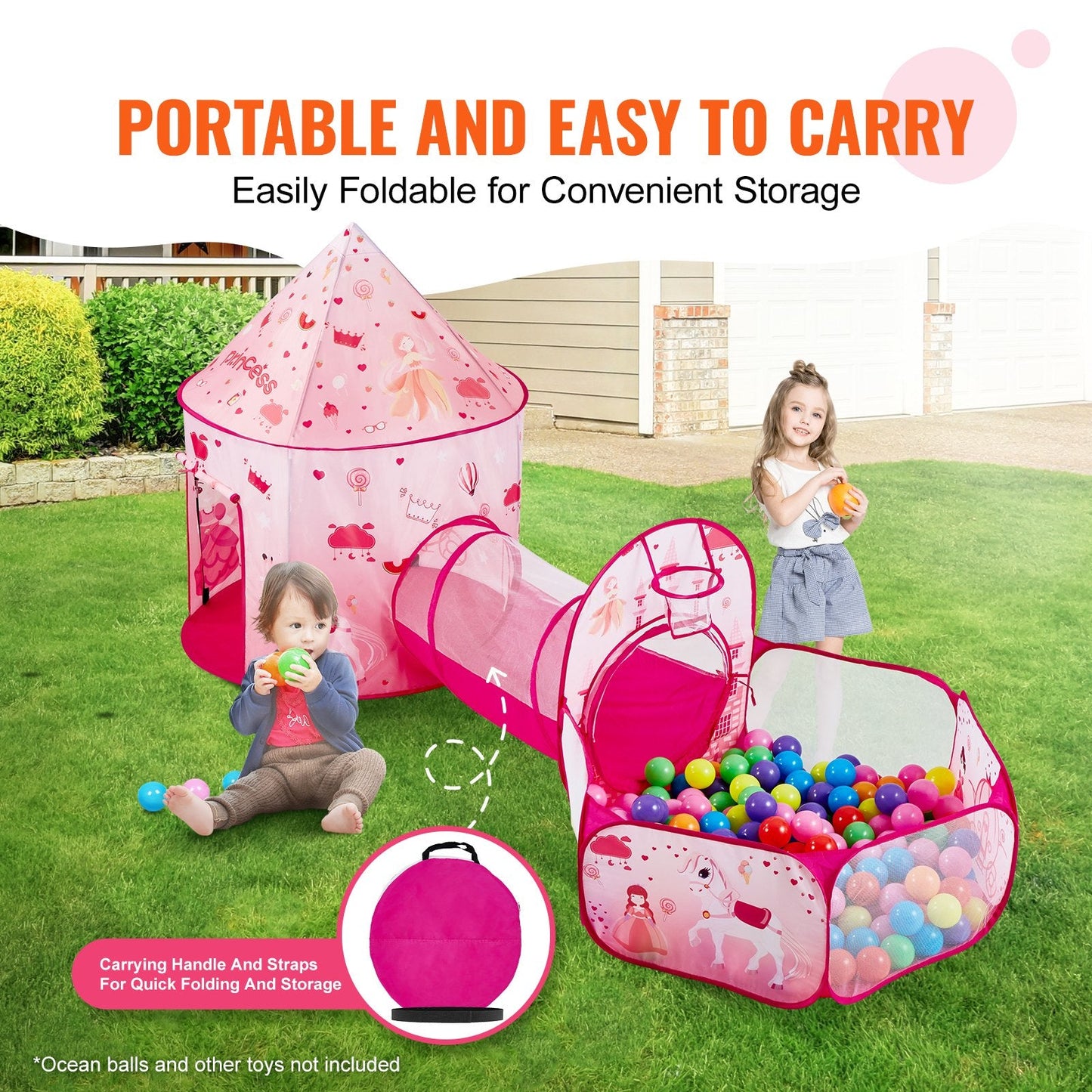 3-in-1 Kids Play Tent with Tunnel, Indoor/Outdoor Pop-Up Playhouse, Magenta