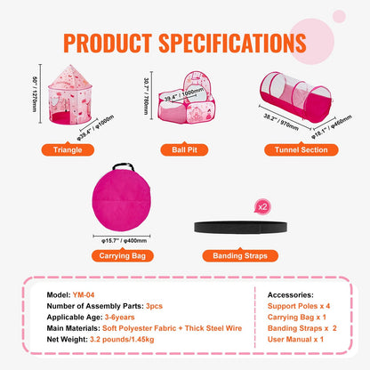 3-in-1 Kids Play Tent with Tunnel, Indoor/Outdoor Pop-Up Playhouse, Magenta