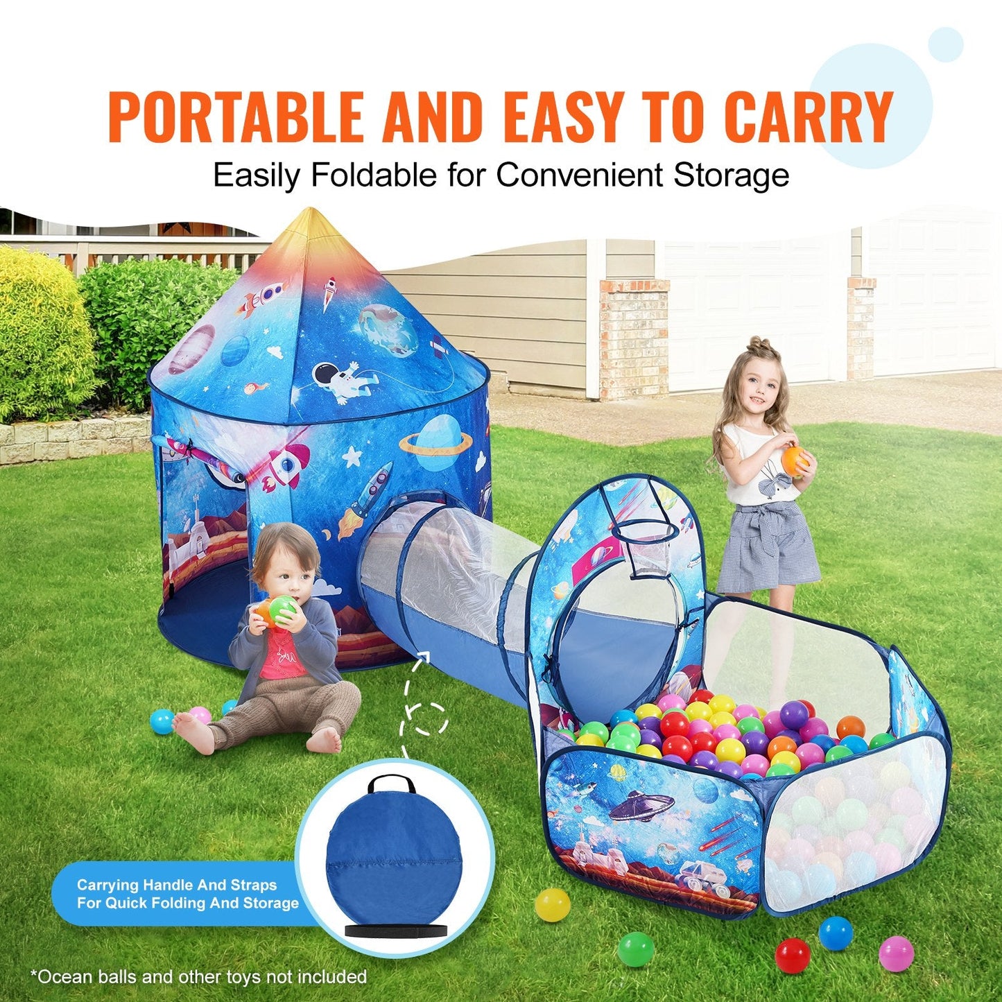 3-in-1 Kids Rocket Play Tent with Tunnel - Indoor/Outdoor, Ages 3-6, Royal Blue