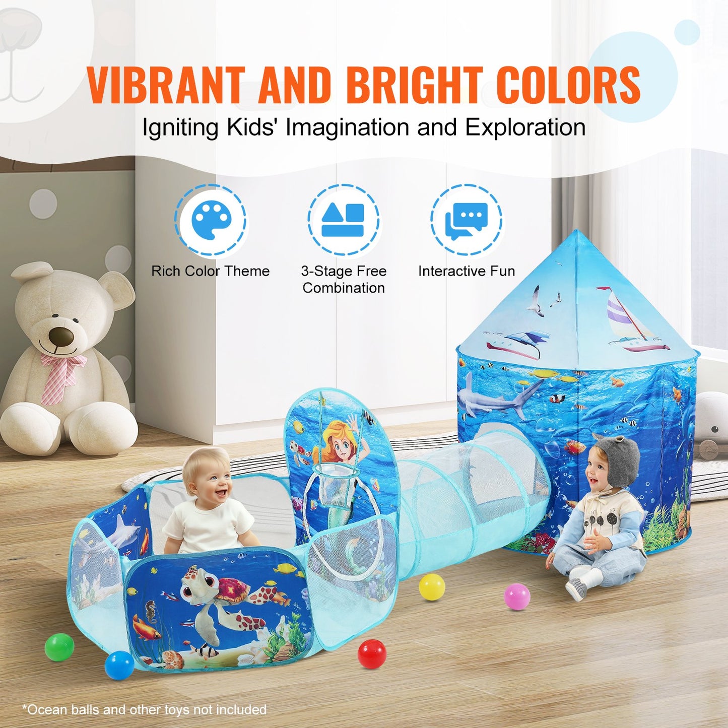 VEVOR 3 in 1 Kids Play Tent with Tunnel, Basketball Hoop for Boys, Girls, Babies