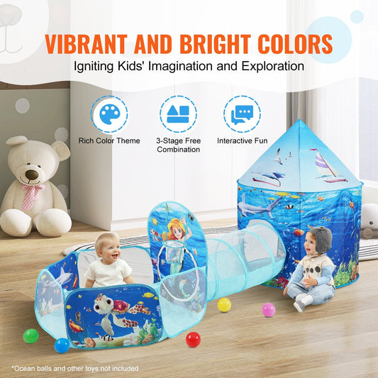 3-in-1 Kids Play Tent with Tunnel & Basketball Hoop for Indoor/Outdoor Fun