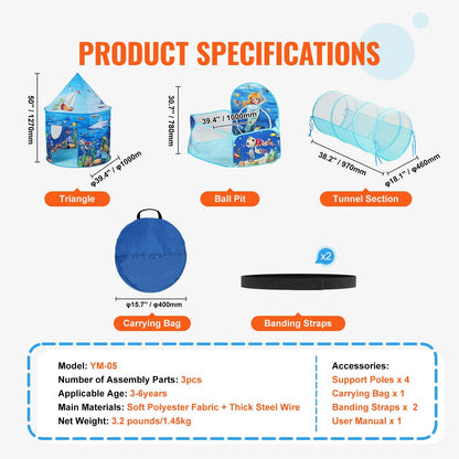 3-in-1 Kids Play Tent with Tunnel & Basketball Hoop for Indoor/Outdoor Fun