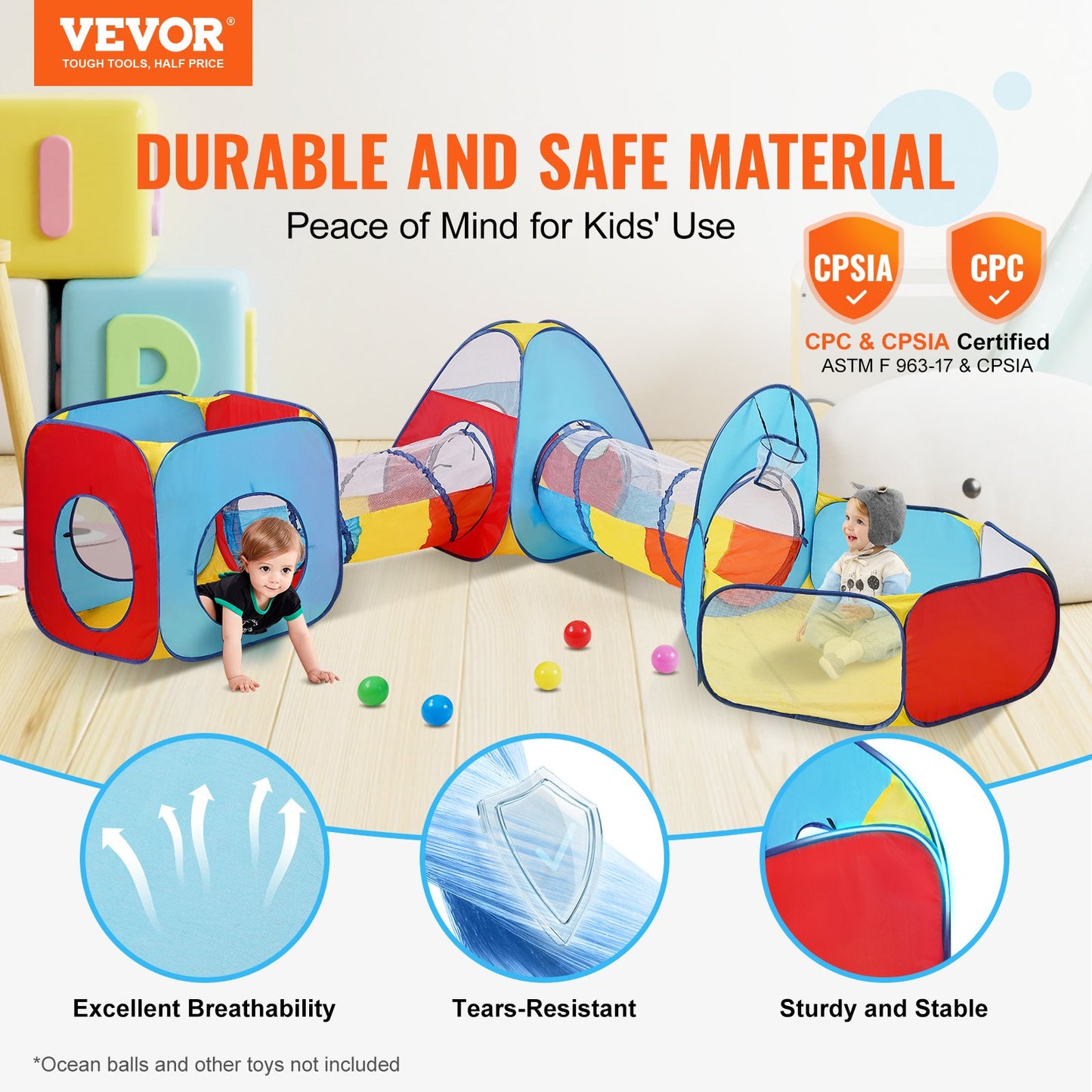 VEVOR 5 in 1 Kids Play Tent with Tunnel, Basketball Hoop for Boys, Girls, Babies