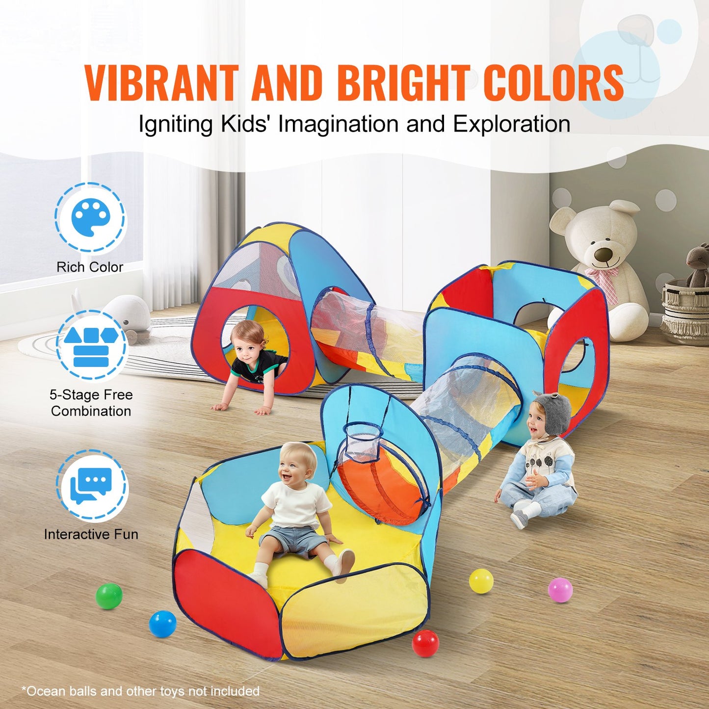 VEVOR 5 in 1 Kids Play Tent with Tunnel, Basketball Hoop for Boys, Girls, Babies