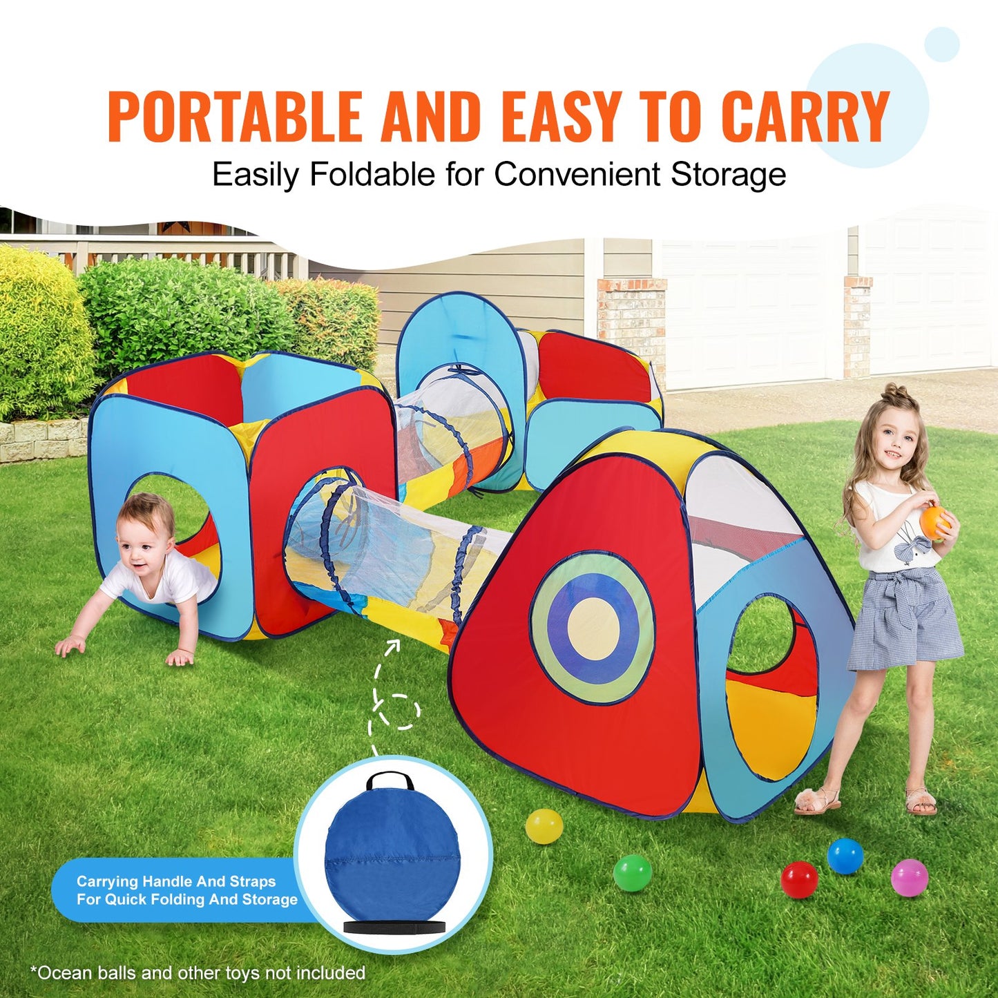 VEVOR 5 in 1 Kids Play Tent with Tunnel, Basketball Hoop for Boys, Girls, Babies