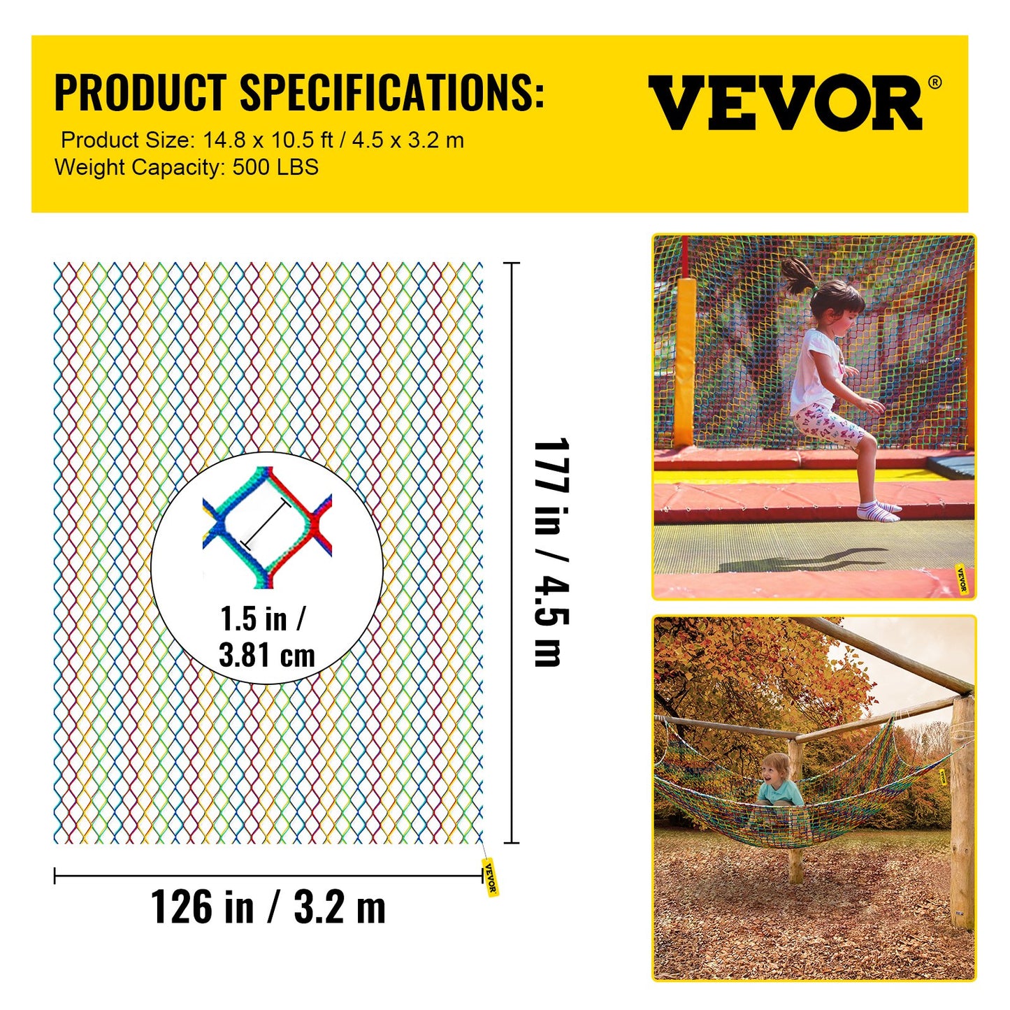 VEVOR Climbing Cargo Net, 4.5 x 3.2 m Playground Climbing Cargo Net, Polyester Double