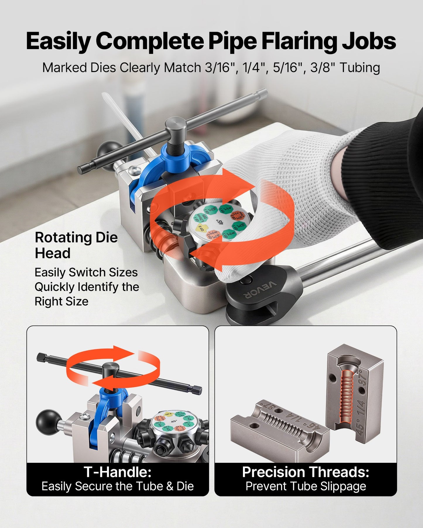 Professional Brake Line Flaring Tool, 45 Degree Double Flare Bubble Flare Tool Kit for 4.76mm, 6.35mm, 7.94mm, 9.52mm Copper Aluminum Thin Steel Tubes