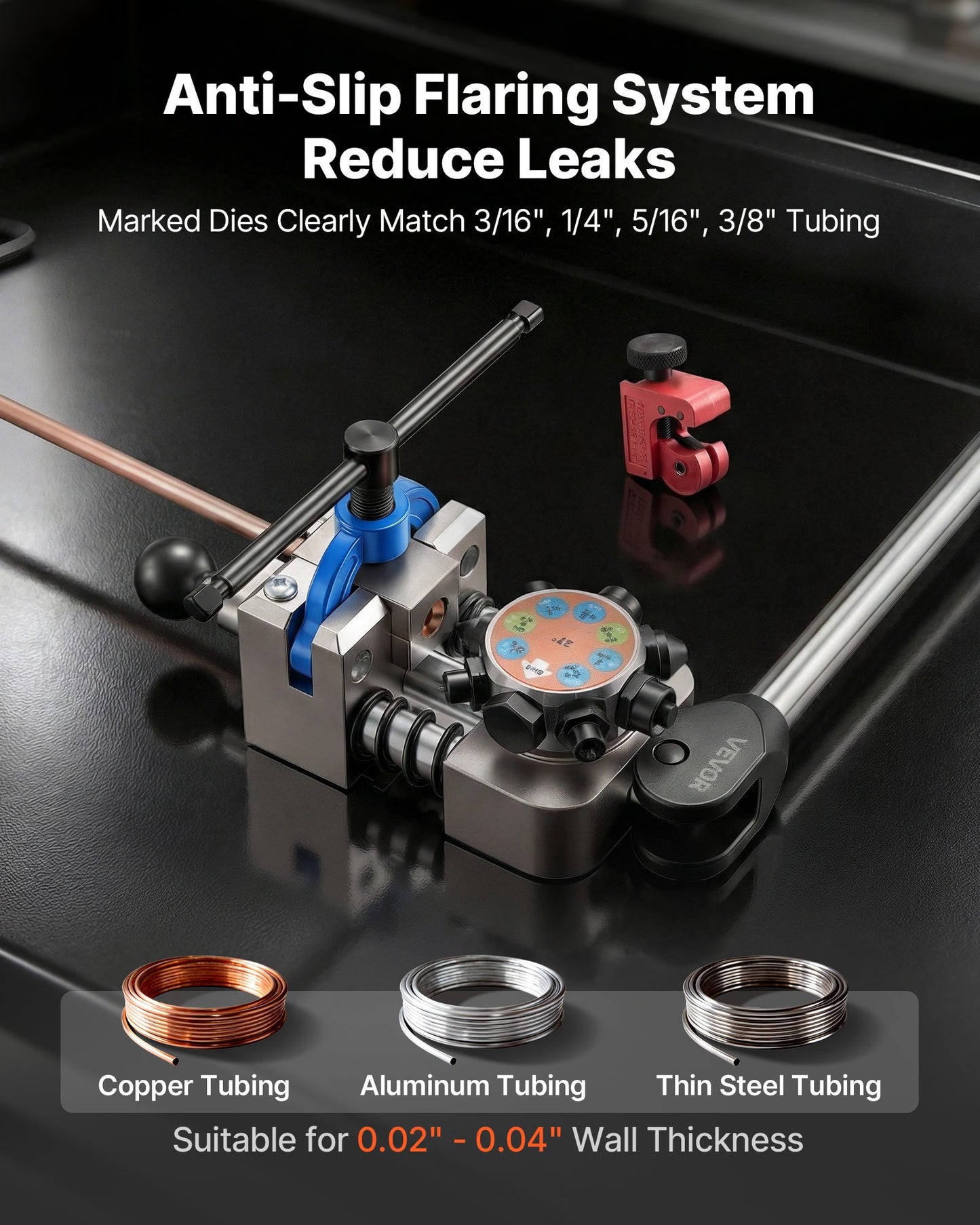 Professional Brake Line Flaring Tool, 45 & 37 Degree Double Flare Bubble Flare Tool Kit for 4.76mm, 6.35mm, 7.94mm, 9.52mm Copper Aluminum Thin Steel Tubes