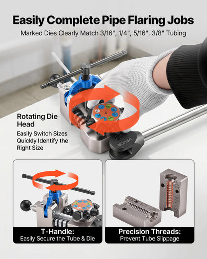 Professional Brake Line Flaring Tool, 45 & 37 Degree Double Flare Bubble Flare Tool Kit for 4.76mm, 6.35mm, 7.94mm, 9.52mm Copper Aluminum Thin Steel Tubes