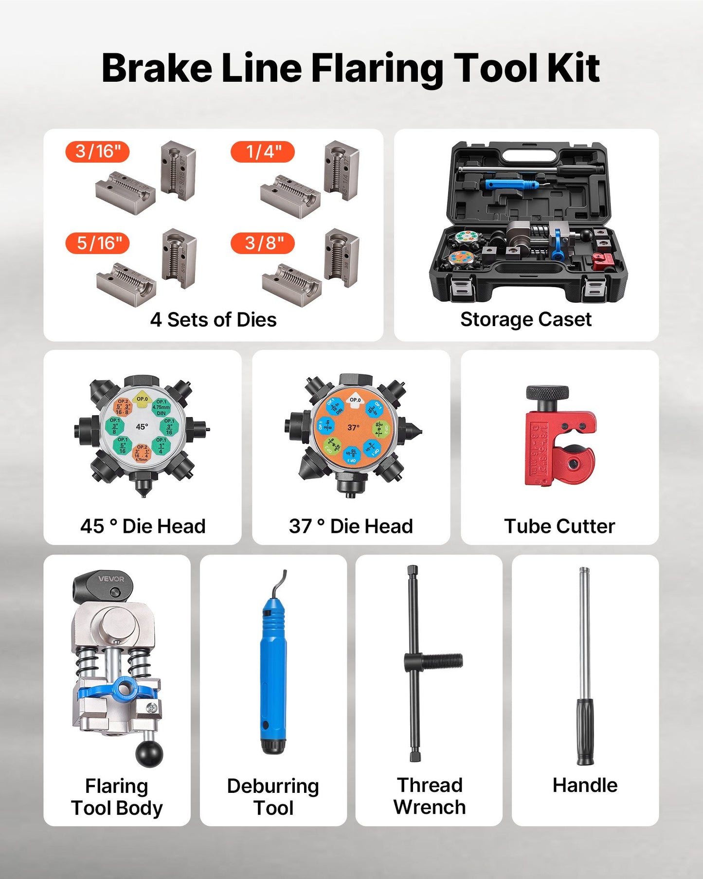 Professional Brake Line Flaring Tool, 45 & 37 Degree Double Flare Bubble Flare Tool Kit for 4.76mm, 6.35mm, 7.94mm, 9.52mm Copper Aluminum Thin Steel Tubes