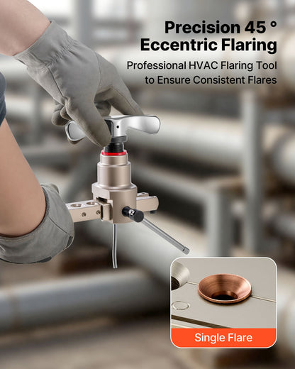 Flaring Tool HVAC, 45° Eccentric Single Flaring Tool for 1/4"-3/4" & 6-19mm Copper Aluminum Tubes - with Metric & SAE Clamps, Tube Cutter & Toolbox for Refrigeration Air Conditioner Repair