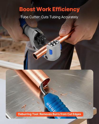Flaring Tool HVAC, 45° Eccentric Single Flaring Tool for 1/4"-3/4" & 6-19mm Copper Aluminum Tubes - with Metric & SAE Clamps, Tube Cutter & Toolbox for Refrigeration Air Conditioner Repair