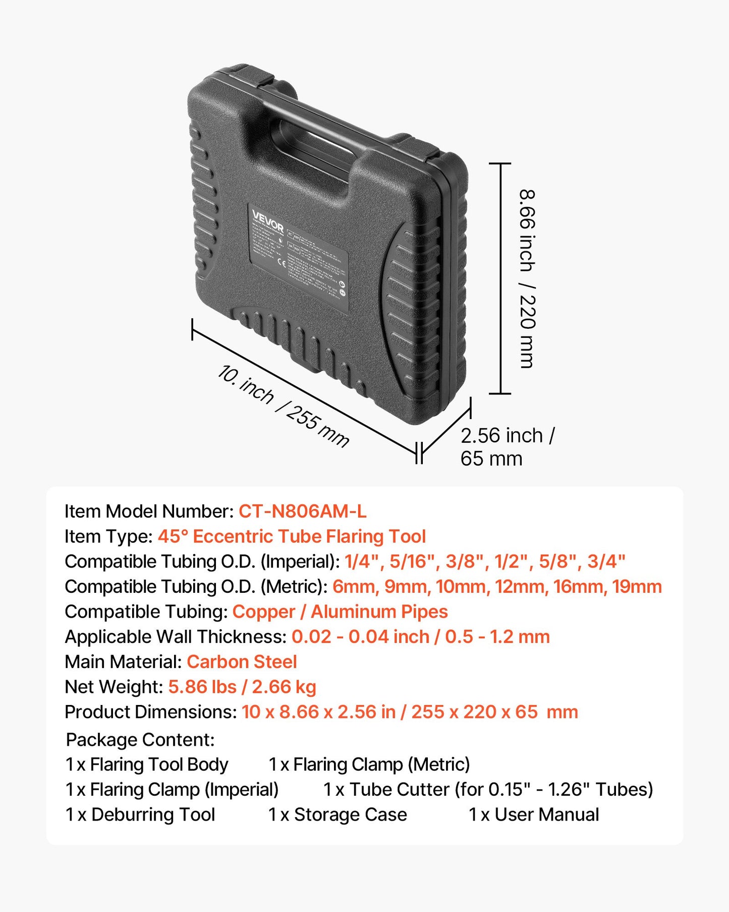 Flaring Tool HVAC, 45° Eccentric Single Flaring Tool for 1/4"-3/4" & 6-19mm Copper Aluminum Tubes - with Metric & SAE Clamps, Tube Cutter & Toolbox for Refrigeration Air Conditioner Repair