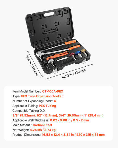 PEX Pipe Expander Tool Kit, Manual Tubing Expansion Tool for 9.52mm 12.7mm 19mm 25.4mm PEX Pipes - with 4 Expanding Heads, Pipe Cutter & Toolbox for Radiant Heating & Water Plumbing System