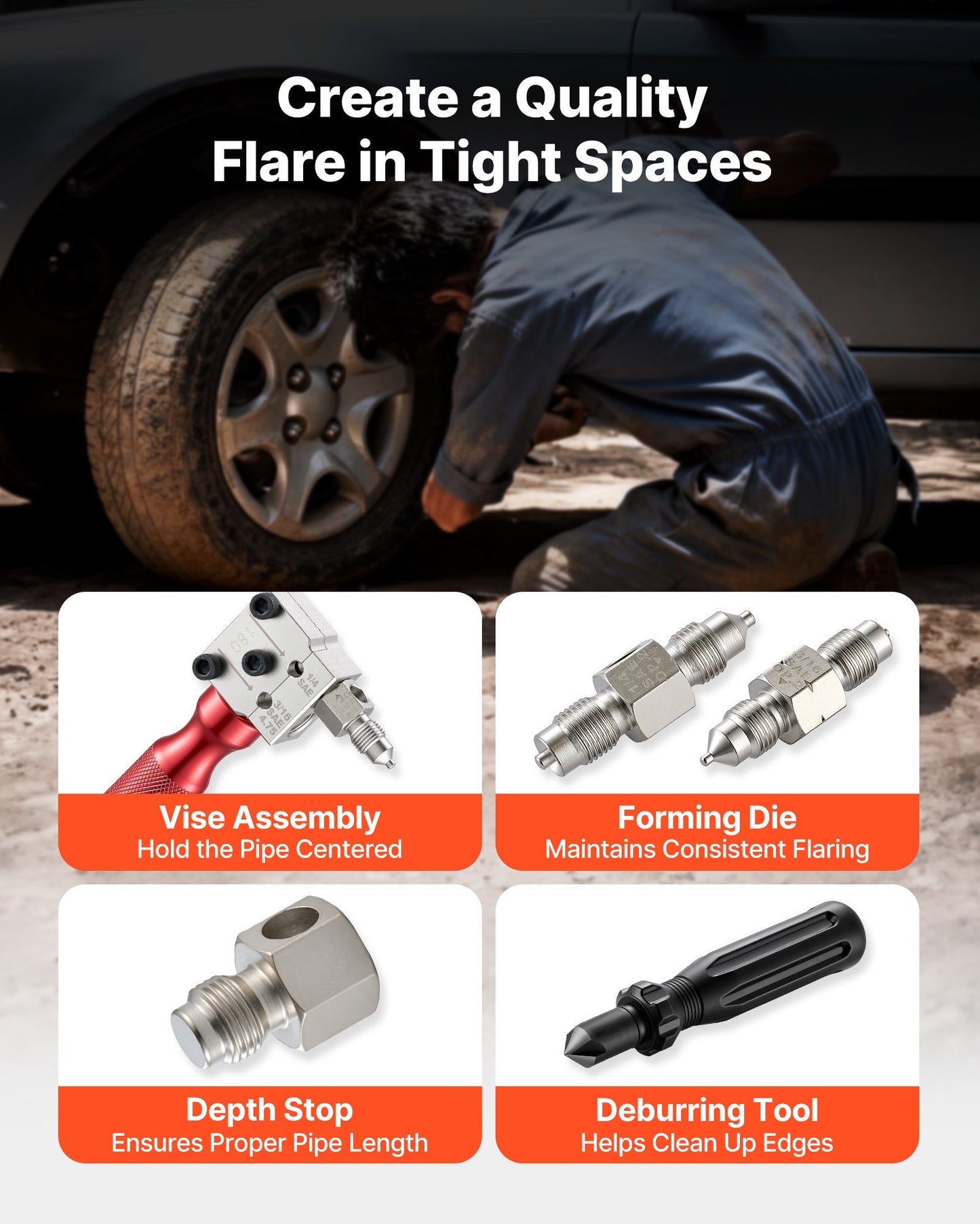 Brake Line Flaring Tool Kit, 45° Single & Double Flare Tool for 4.75mm, 6.35mm Copper Tubing - with 2 Forming Dies, Deburring Tool & Toolbox for Automotive Brake Hydraulic Line Repair