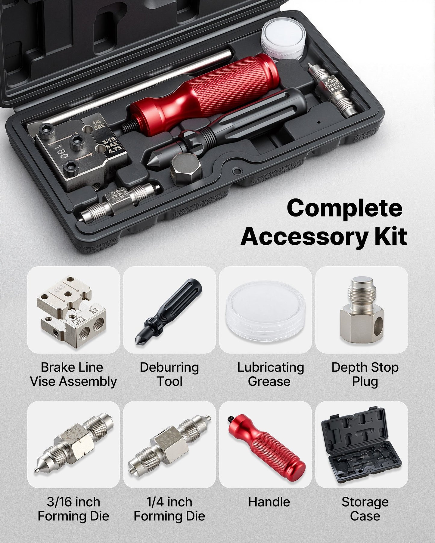 Brake Line Flaring Tool Kit, 45° Single & Double Flare Tool for 4.75mm, 6.35mm Copper Tubing - with 2 Forming Dies, Deburring Tool & Toolbox for Automotive Brake Hydraulic Line Repair