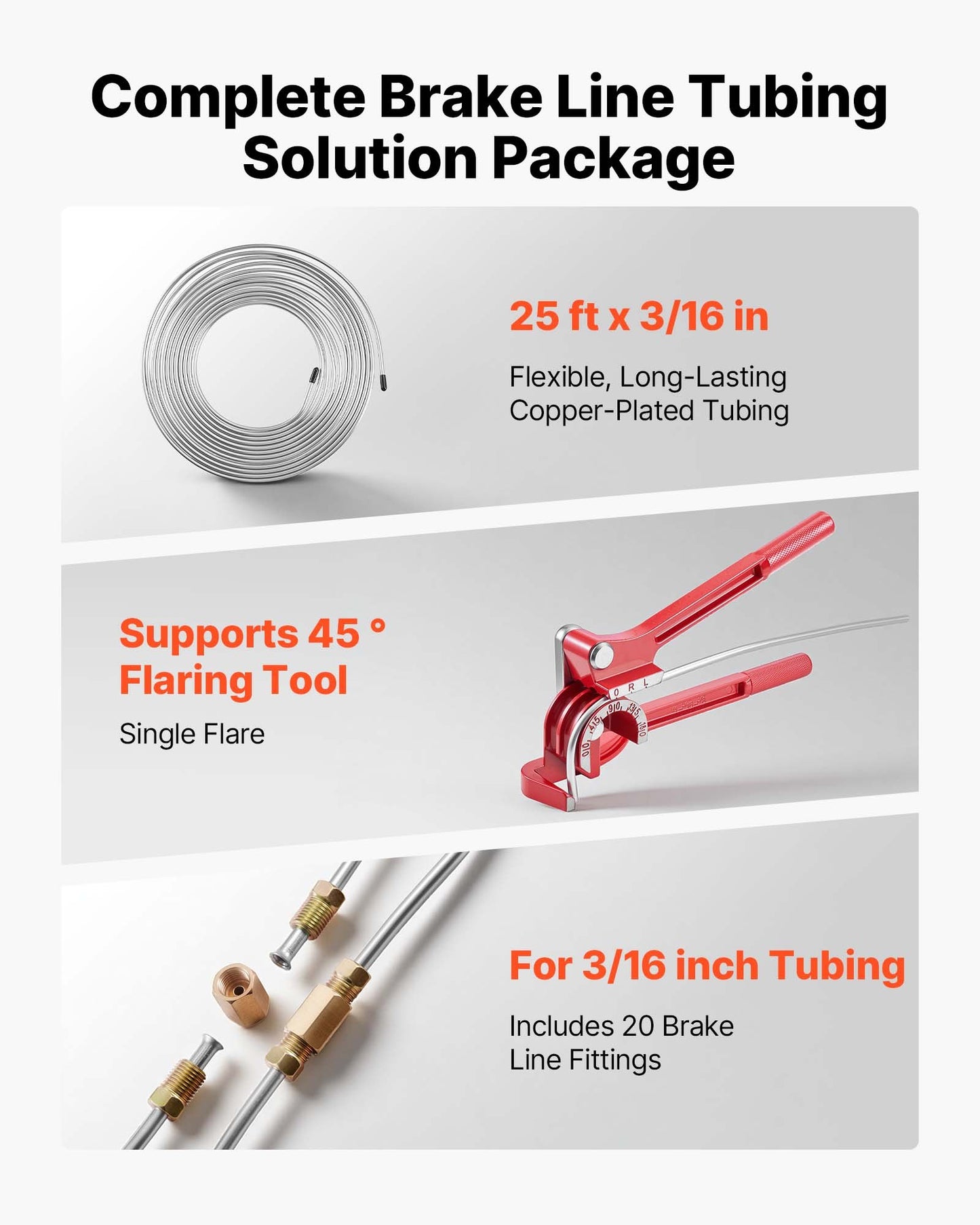 Brake Line Repair Kit, 45° Single Brake Line Flaring Tool Kit, 7.6m x 4.76mm Copper-Coated Brake Line with 20 Fittings & 2 Unions, 3-in-1 Tube Bender, Tube Cutter Included