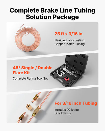 Brake Line Repair Kit, 45° Double & Single Brake Line Flaring Tool Kit, 7.6m x 4.76mm Copper Coated Brake Line (with 16 Fittings & 4 Unions) - Tube Cutter, 5 Adapters and Toolbox Included