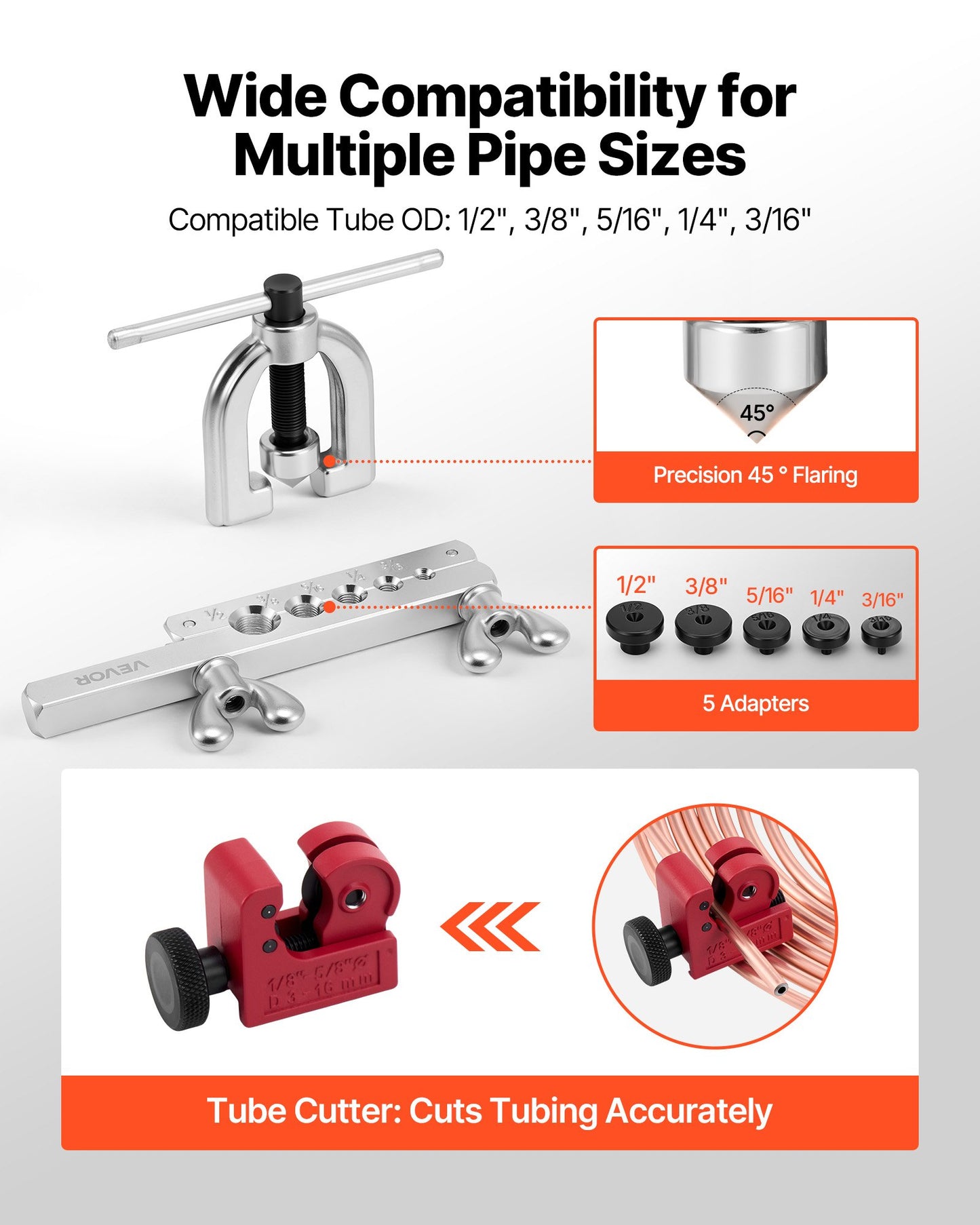Brake Line Repair Kit, 45° Double & Single Brake Line Flaring Tool Kit, 7.6m x 4.76mm Copper Coated Brake Line (with 16 Fittings & 4 Unions) - Tube Cutter, 5 Adapters and Toolbox Included