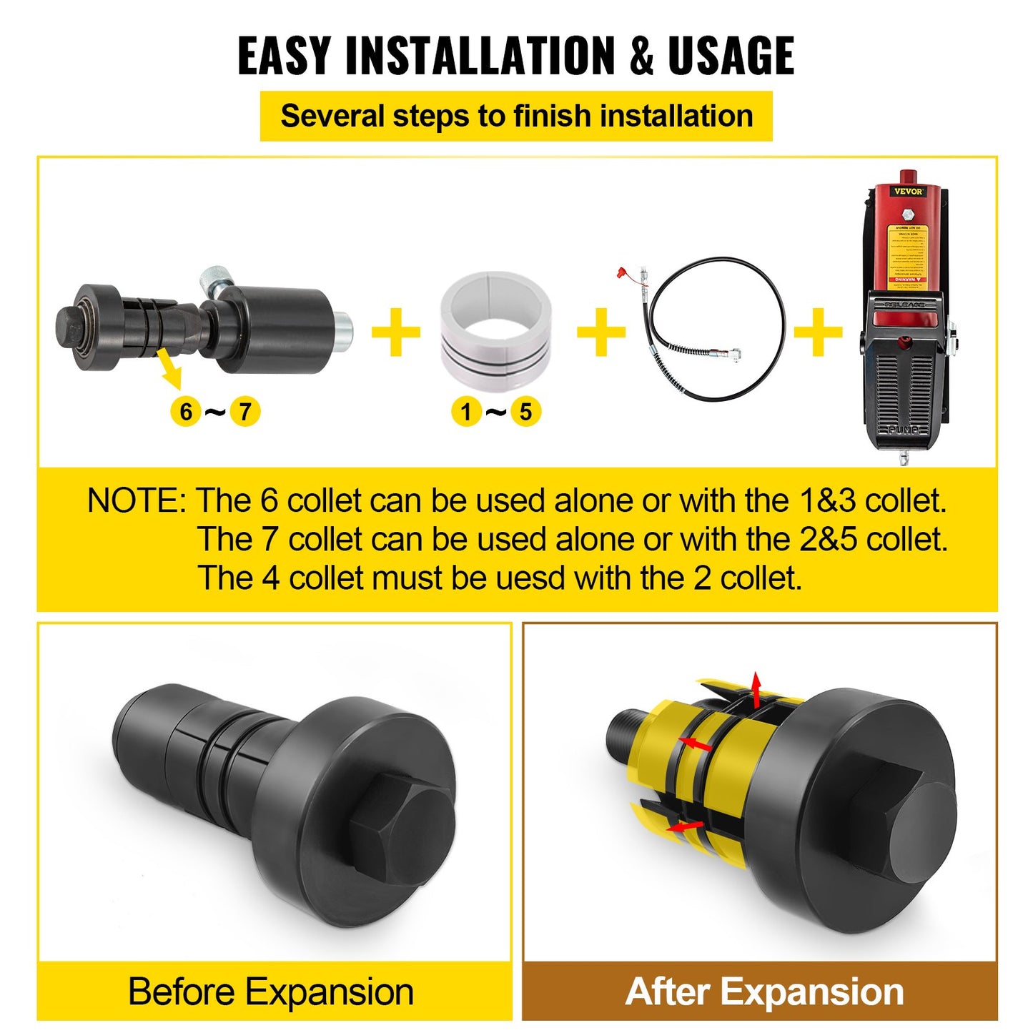 VEVOR Hydraulic Exhaust Pipe Expander, 1-5/8" to 4-1/4" Size, 10 T Pedal Pump Included
