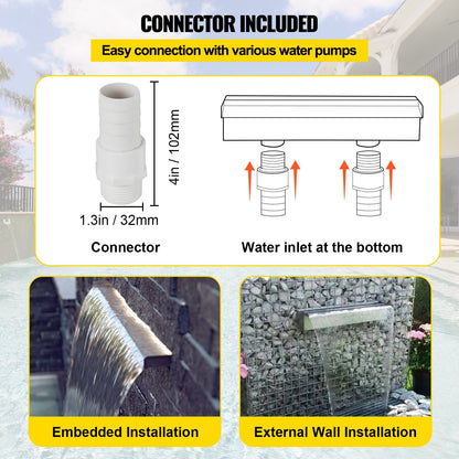 VEVOR Pool Fountain Stainless Steel Pool Waterfall 23.6\" x 4.5\" x 3.1\"(W x D