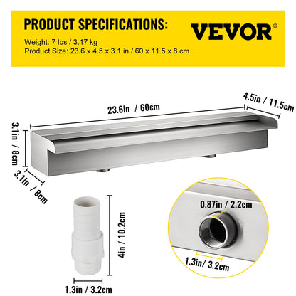 VEVOR Pool Fountain Stainless Steel Pool Waterfall 23.6\" x 4.5\" x 3.1\"(W x D